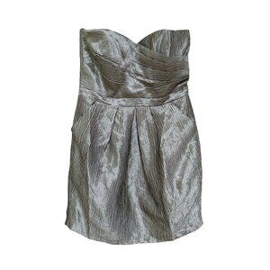Greylin Anthropologie Dress Metallic Green Silver Pleated Strapless Mini Dress L